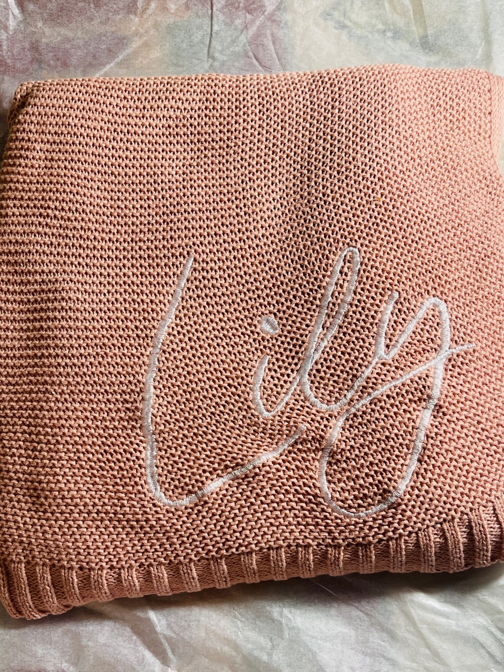 “Lily” embroidered Dusty Rose Knit wrap 30 x 40 cotton